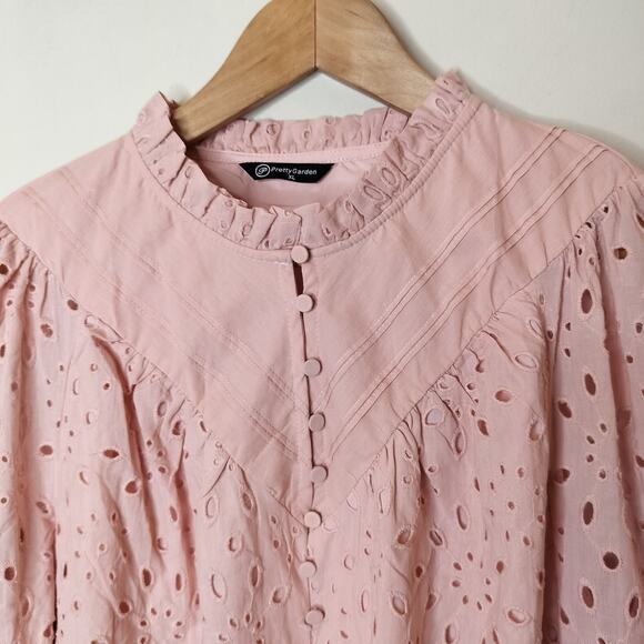 Pretty Garden Eyelet Embroidered Shirt Balloon Sleeve Blouse - Picture 6 of 9